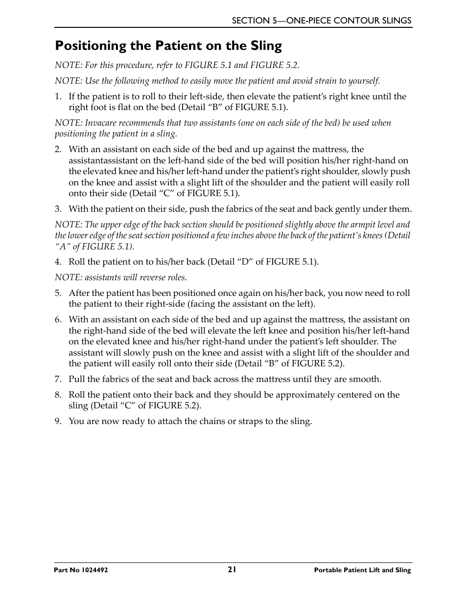 Positioning the patient on the sling | Invacare 9805P User Manual | Page 21 / 44