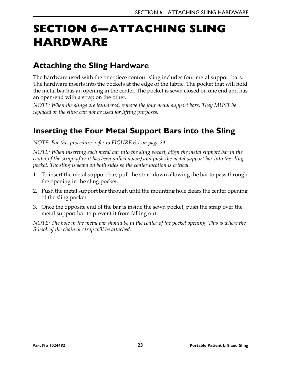 Section 6- attaching sling hardware, Attaching the sling hardware, Section 6—attaching sling hardware | Invacare 9805P User Manual | Page 23 / 44