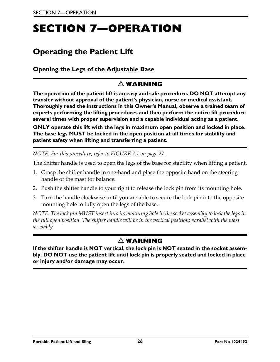 Section 7- operation, Operating the patient lift, Opening the legs of the adjustable base | Section 7—operation | Invacare 9805P User Manual | Page 26 / 44