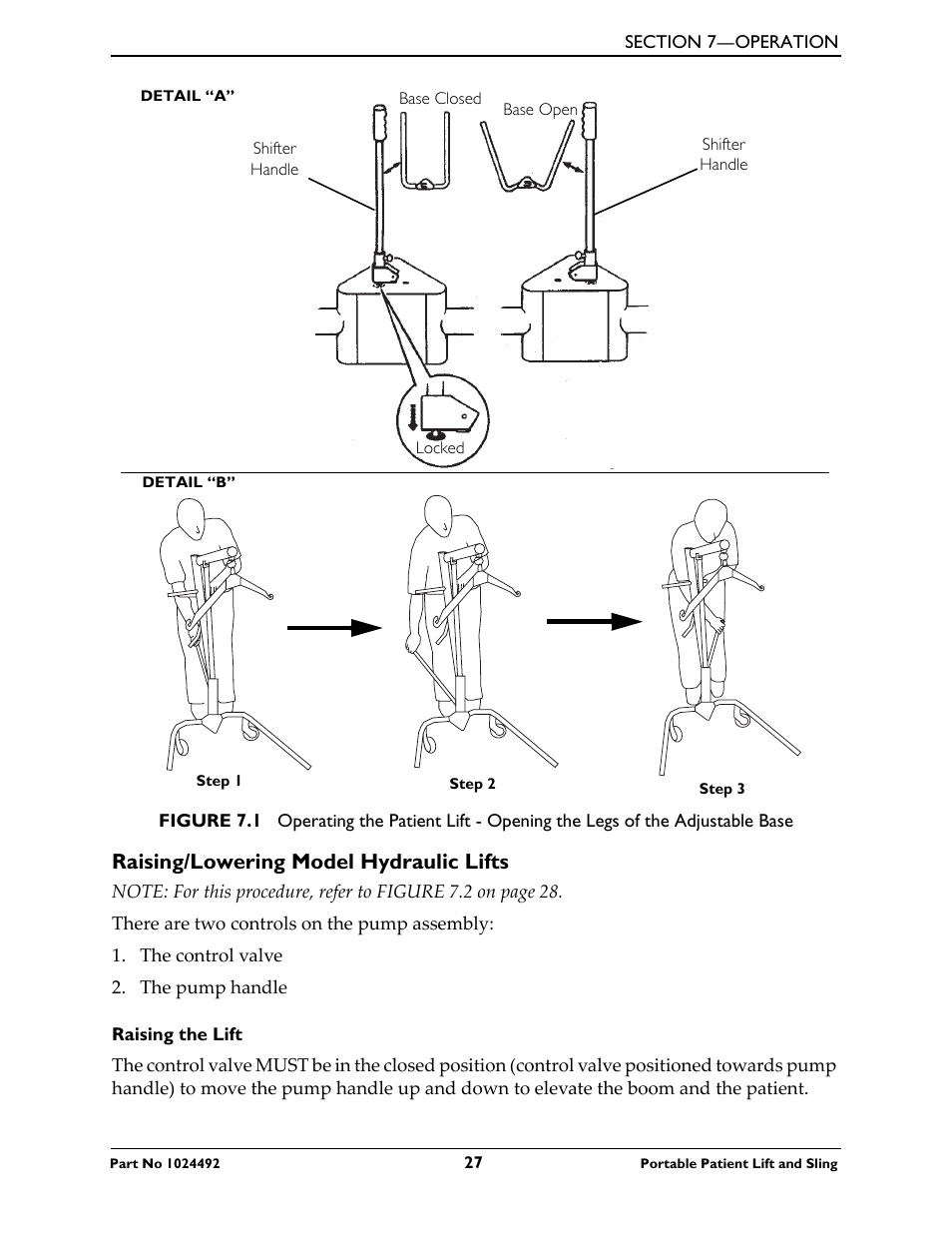 Raising/lowering model hydraulic lifts, Raising the lift, Raising the lift 27 | Invacare 9805P User Manual | Page 27 / 44