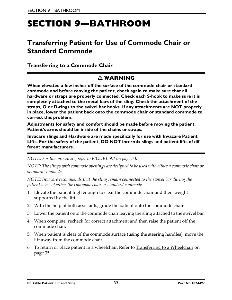 Section 9- bathroom, Transferring to a commode chair, Section 9—bathroom | Invacare 9805P User Manual | Page 32 / 44