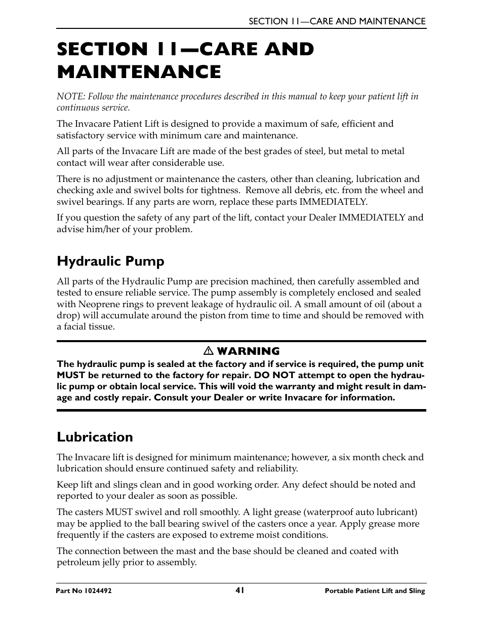 Section 11- care and maintenance, Hydraulic pump, Lubrication | Section 11—care and maintenance, Hydraulic pump lubrication | Invacare 9805P User Manual | Page 41 / 44