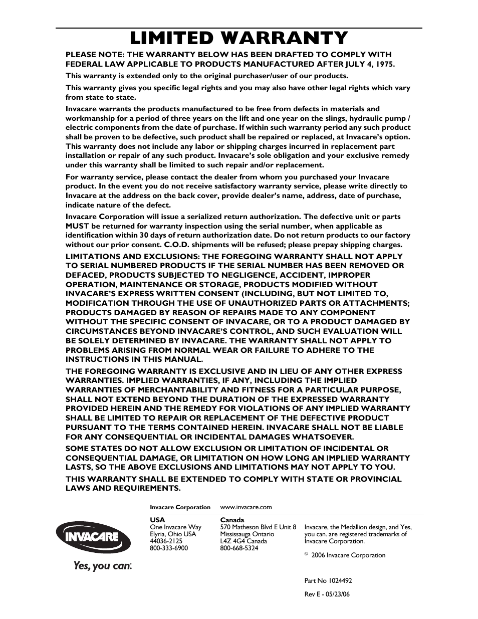 Limited warranty, Part no 1024492 | Invacare 9805P User Manual | Page 44 / 44