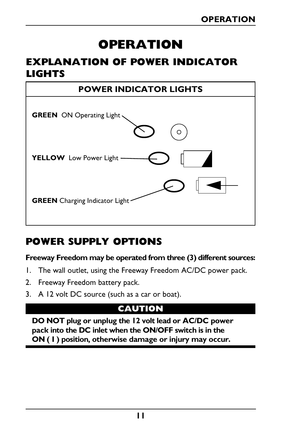 Operation, Power supply options, Explanation of power indicator lights | Invacare IRC1175 User Manual | Page 11 / 24