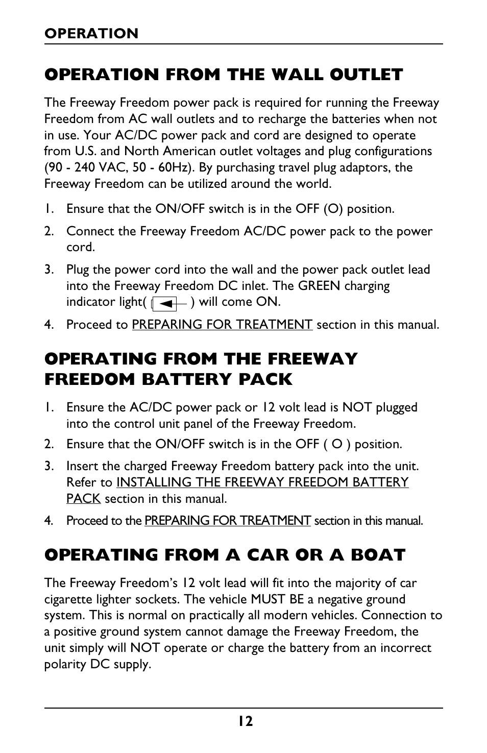 Operation from the wall outlet, Operating from the freeway freedom battery pack, Operating from a car or a boat | Invacare IRC1175 User Manual | Page 12 / 24