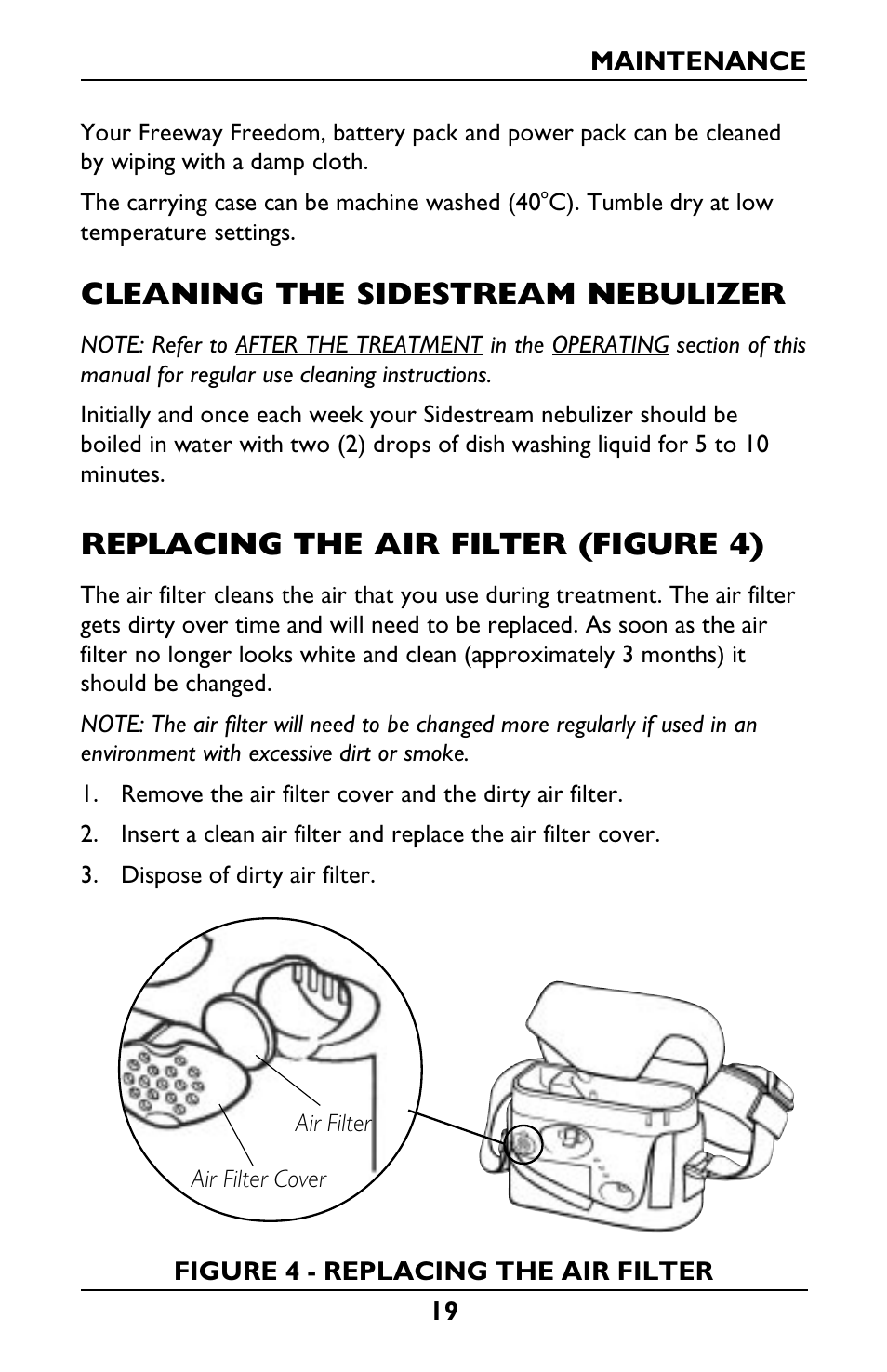 Cleaning the sidestream nebulizer, Replacing the air filter (figure 4) | Invacare IRC1175 User Manual | Page 19 / 24