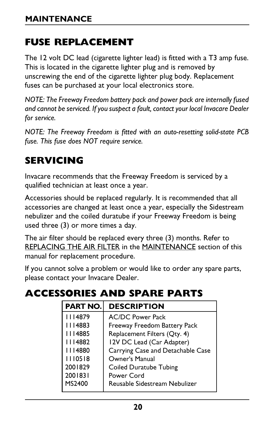 Fuse replacement, Servicing, Accessories and spare parts | Invacare IRC1175 User Manual | Page 20 / 24
