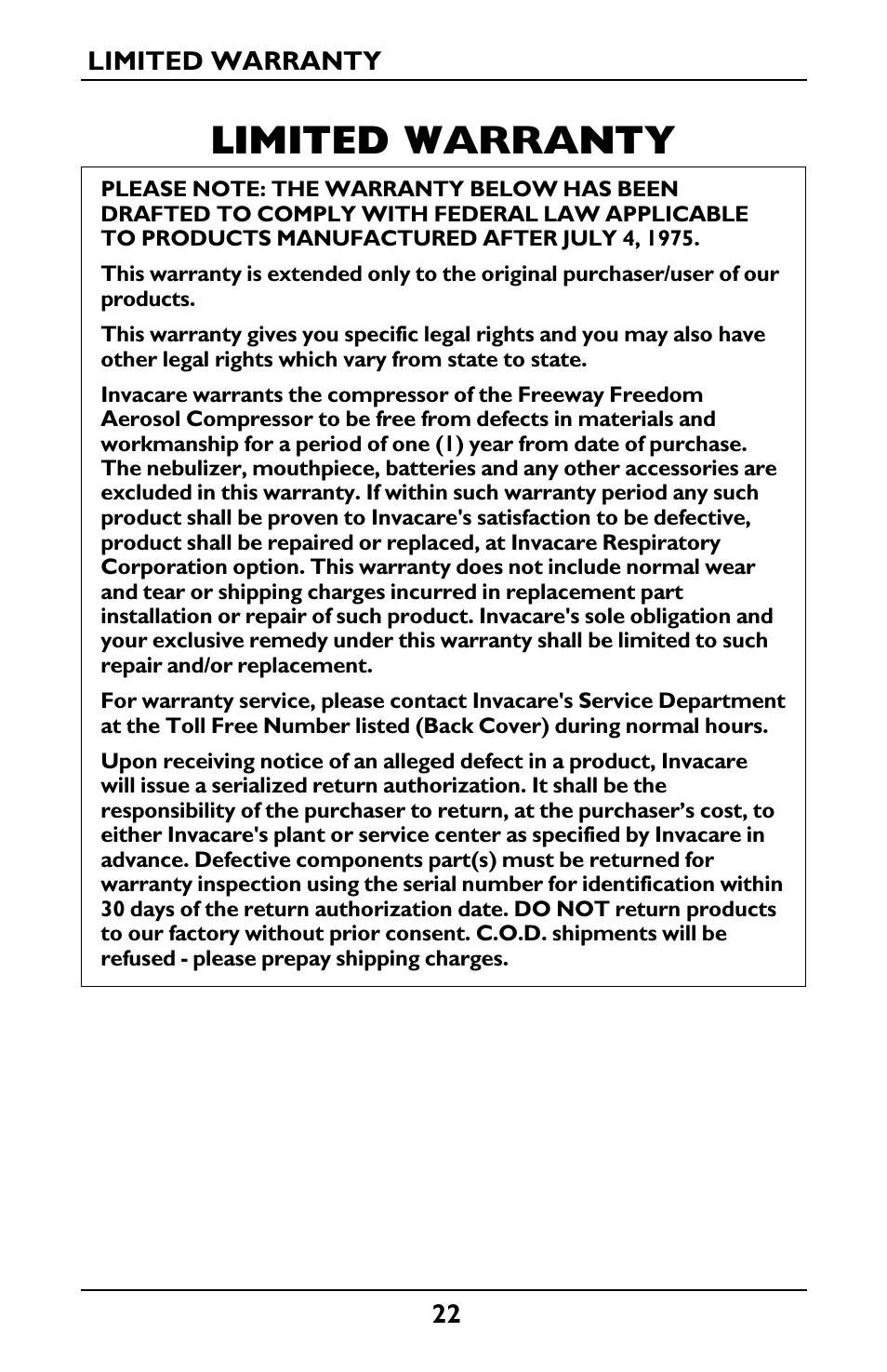 Limited warranty | Invacare IRC1175 User Manual | Page 22 / 24