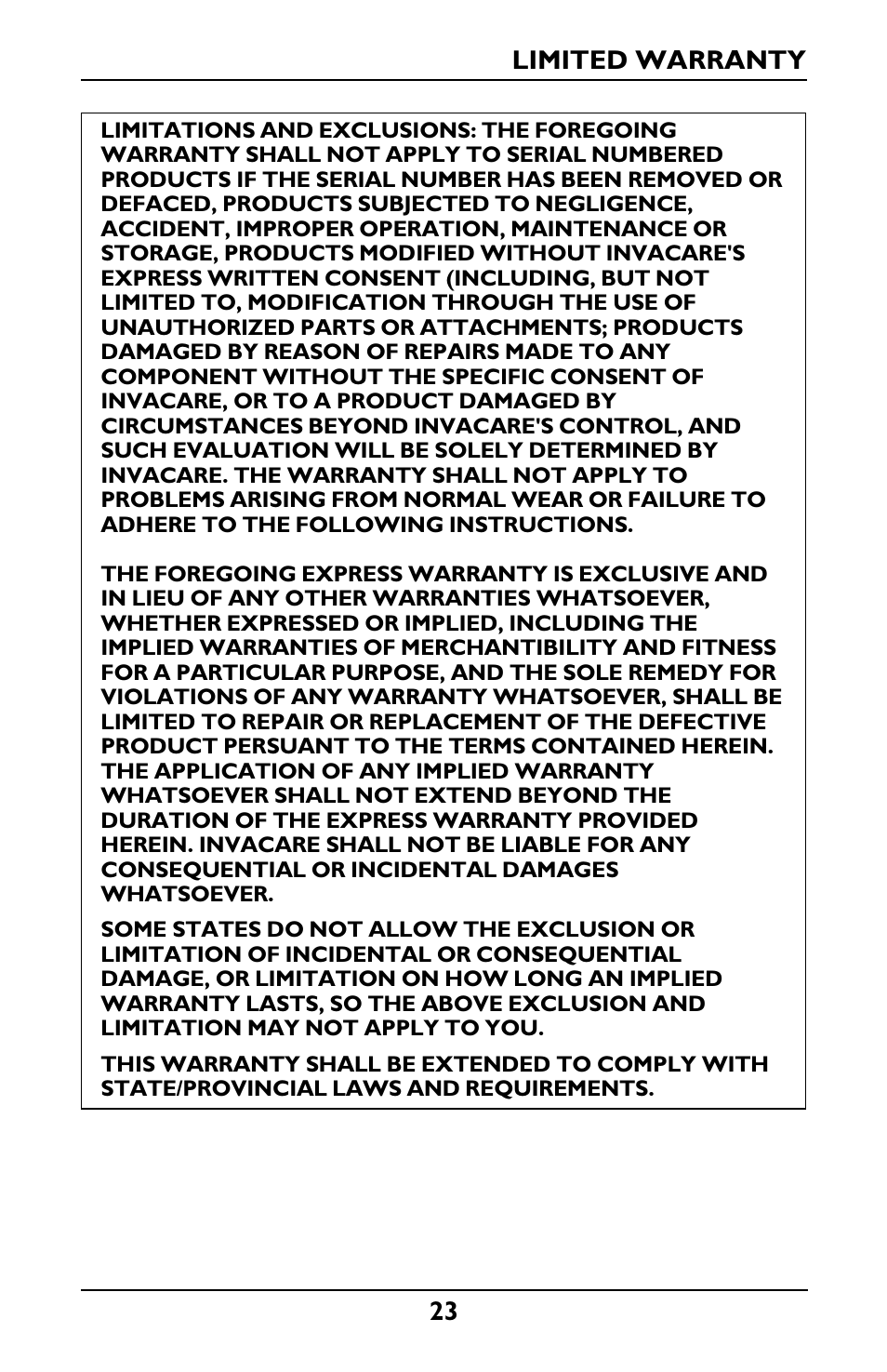 Limited warranty | Invacare IRC1175 User Manual | Page 23 / 24