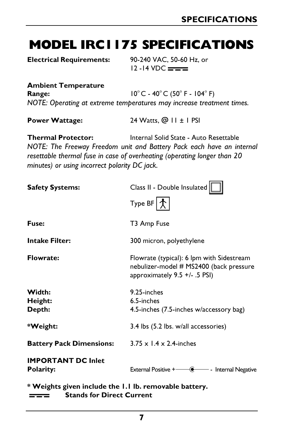 Model irc1175 specifications, 7specifications | Invacare IRC1175 User Manual | Page 7 / 24