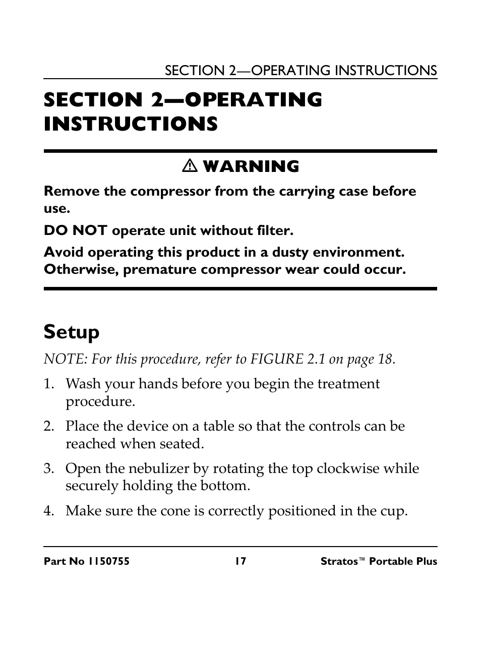 Section 2—operating instructions, Setup, Ƽ warning | Invacare IRC 1730 User Manual | Page 17 / 40