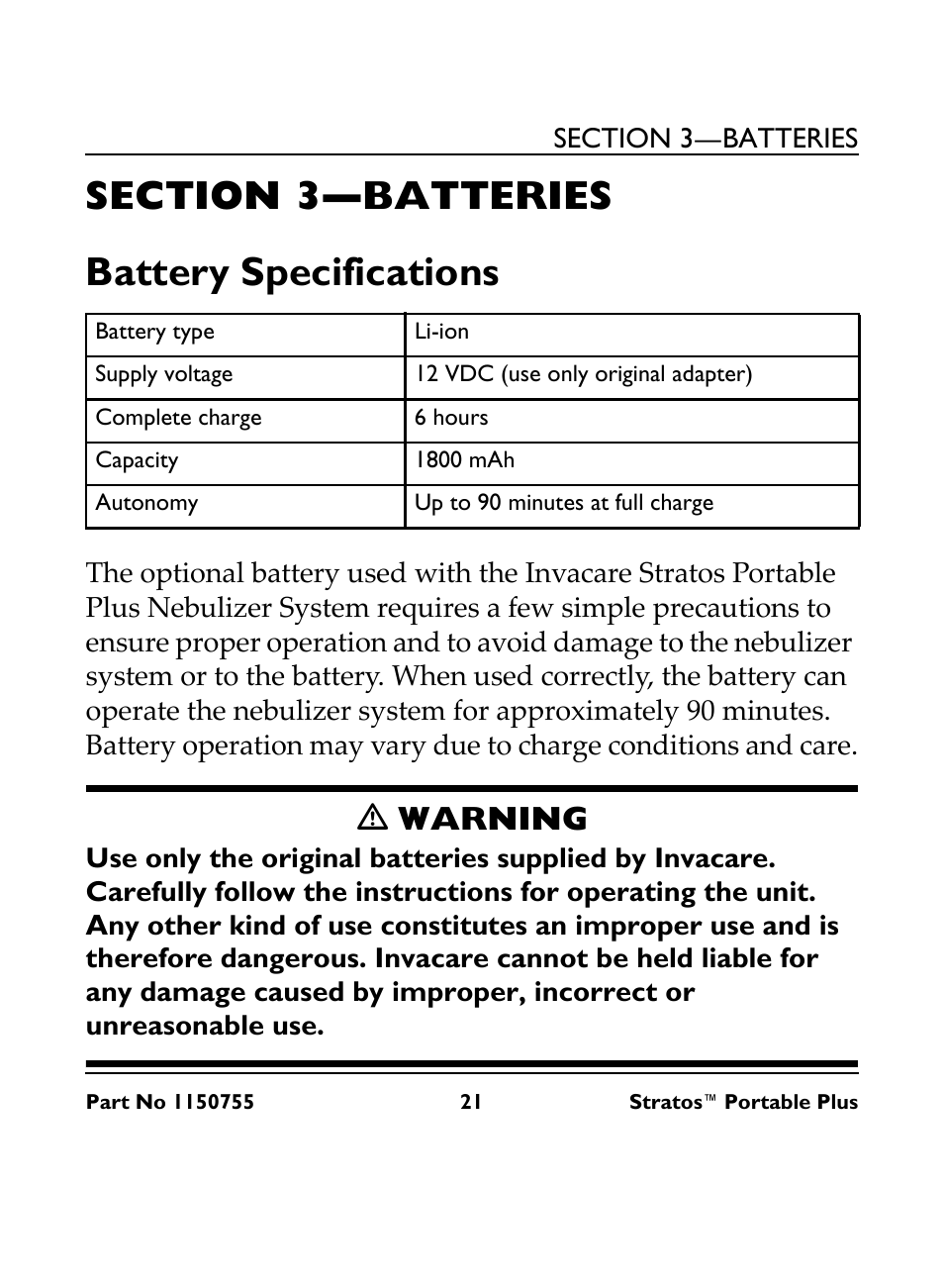 Section 3—batteries, Battery specifications, Ƽ warning | Invacare IRC 1730 User Manual | Page 21 / 40