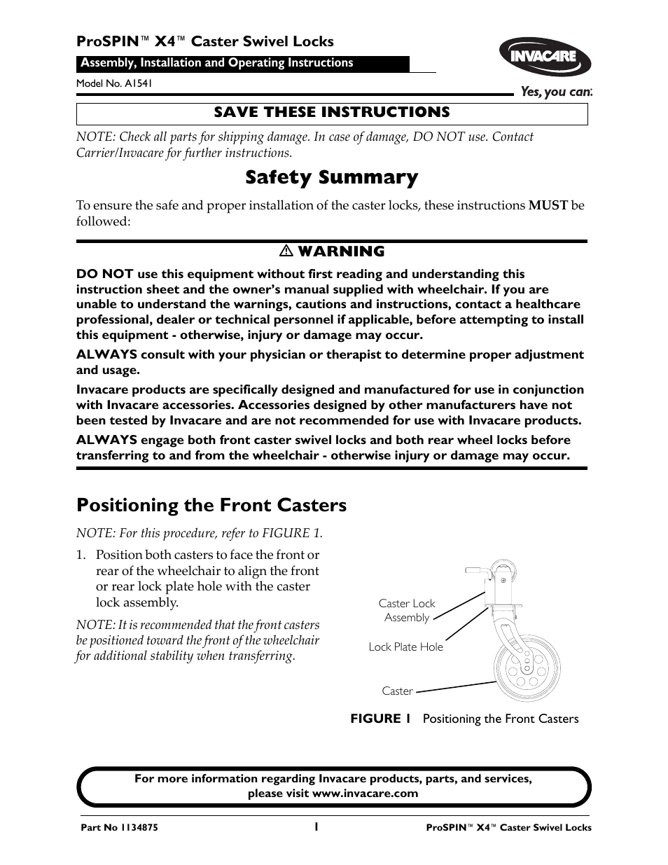 Invacare A1541 User Manual | 2 pages