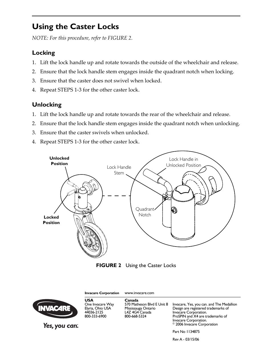Using the caster locks, Locking, Unlocking | Invacare A1541 User Manual | Page 2 / 2