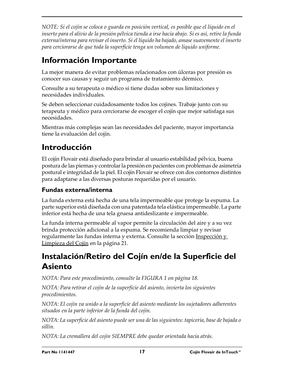 Información importante, Introducción | Invacare ITFM User Manual | Page 17 / 24