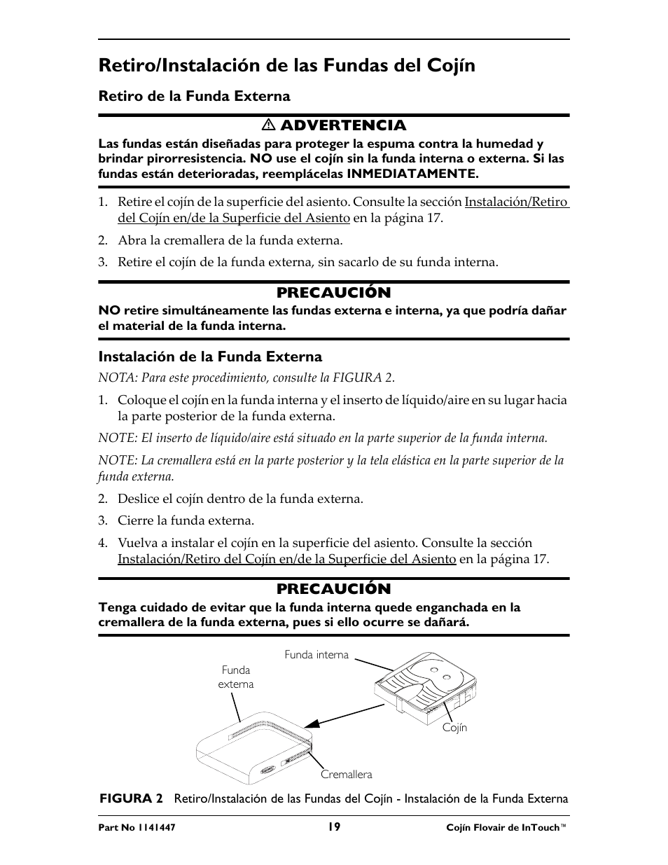 Retiro/instalación de las fundas del cojín | Invacare ITFM User Manual | Page 19 / 24