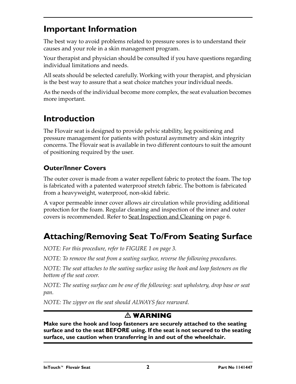 Important information, Introduction, Attaching/removing seat to/from seating surface | Invacare ITFM User Manual | Page 2 / 24