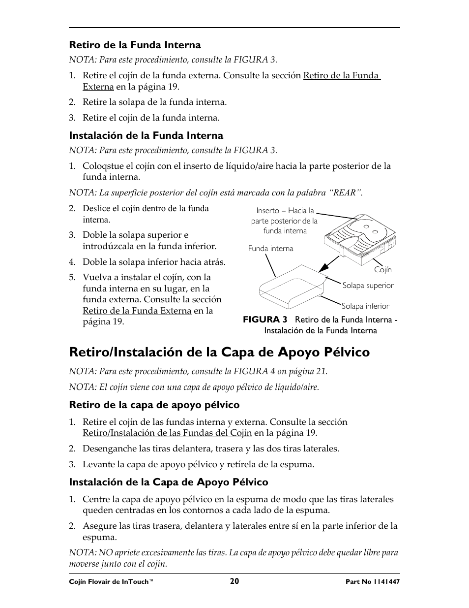 Retiro/instalación de la capa de apoyo pélvico | Invacare ITFM User Manual | Page 20 / 24