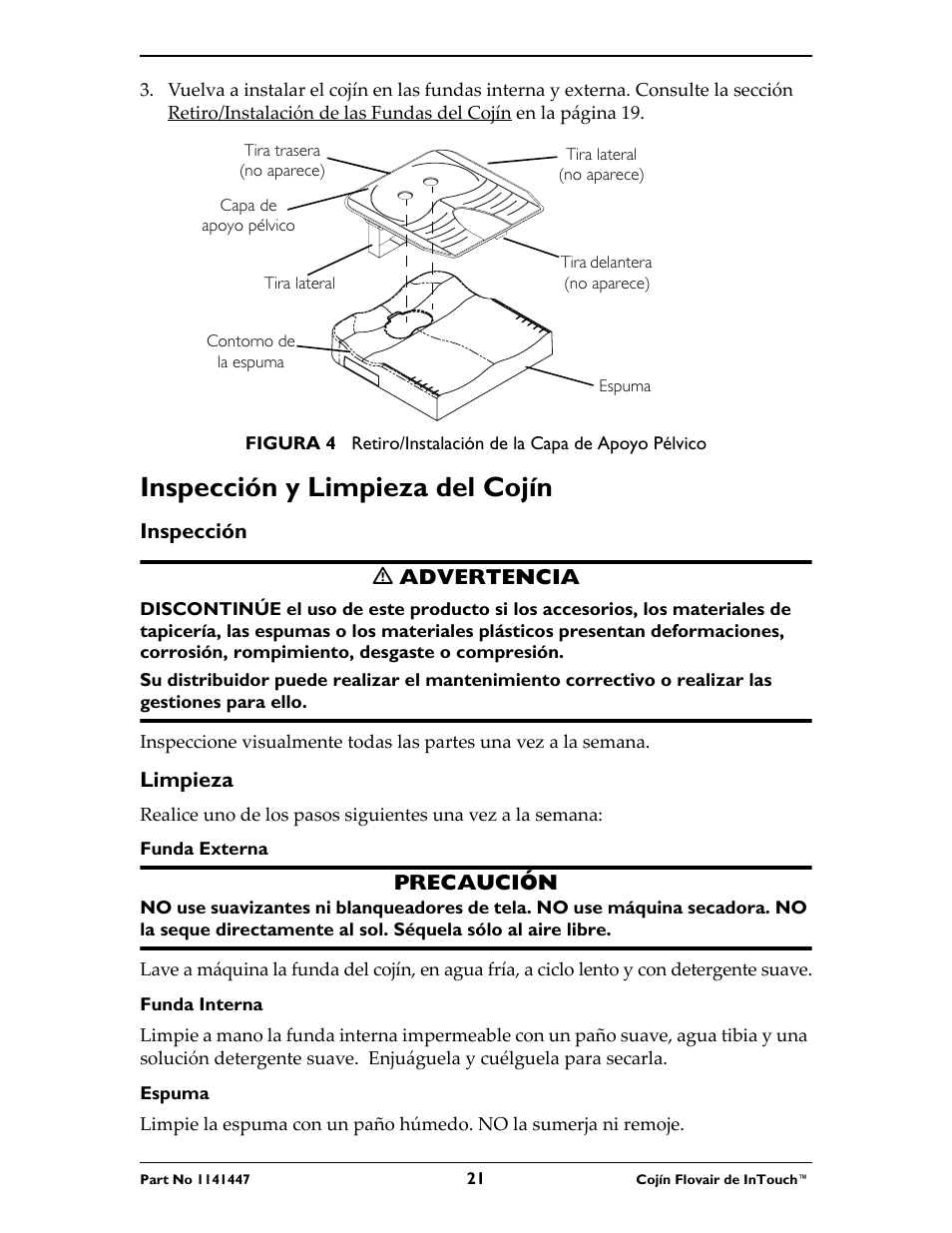 Inspección y limpieza del cojín | Invacare ITFM User Manual | Page 21 / 24