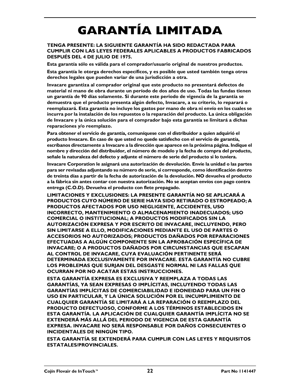 Garantía limitada | Invacare ITFM User Manual | Page 22 / 24