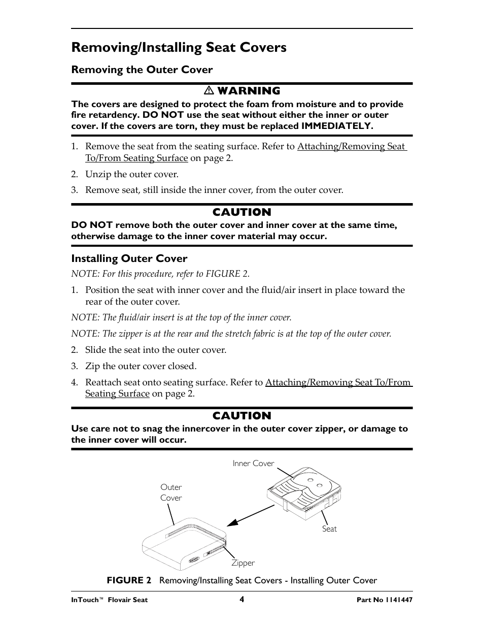 Removing/installing seat covers | Invacare ITFM User Manual | Page 4 / 24