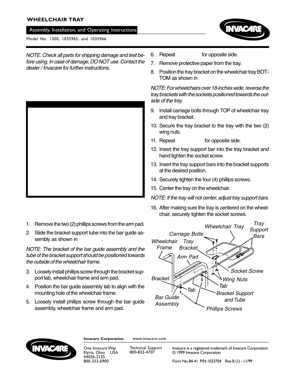 Invacare 1035966 User Manual | 1 page