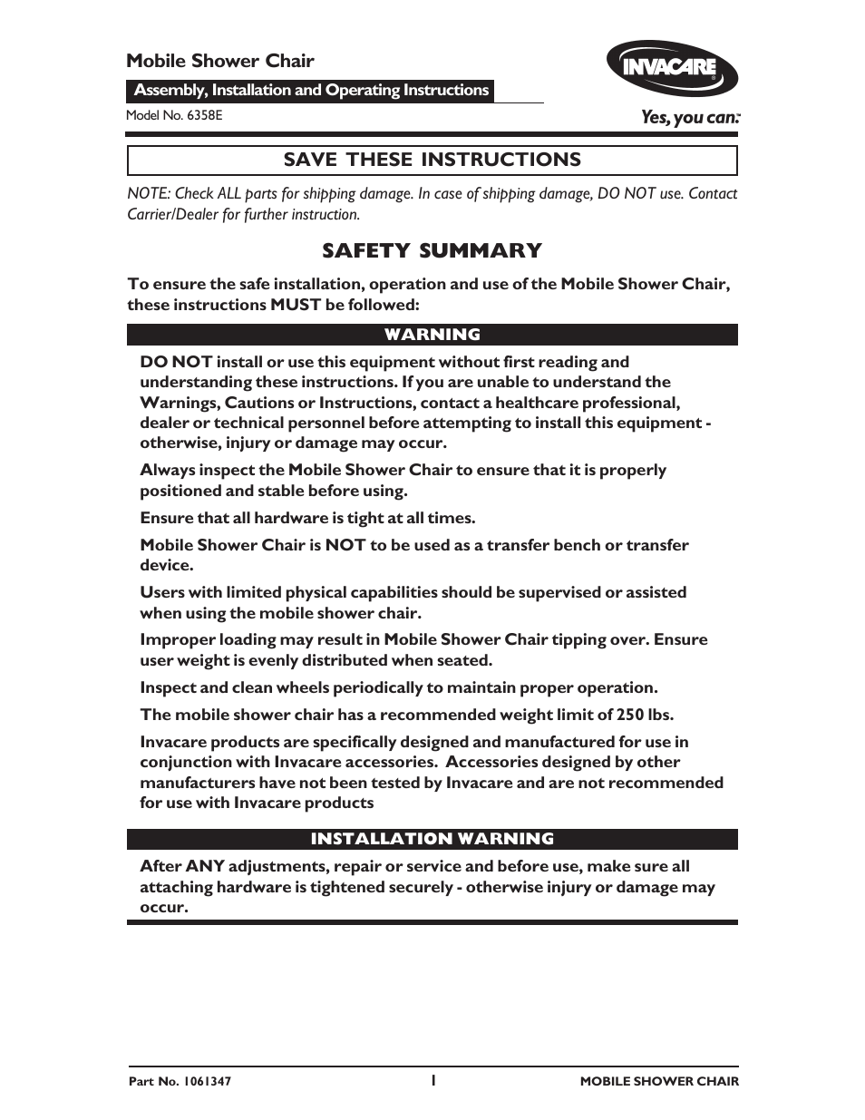 Invacare 6358E User Manual | 12 pages