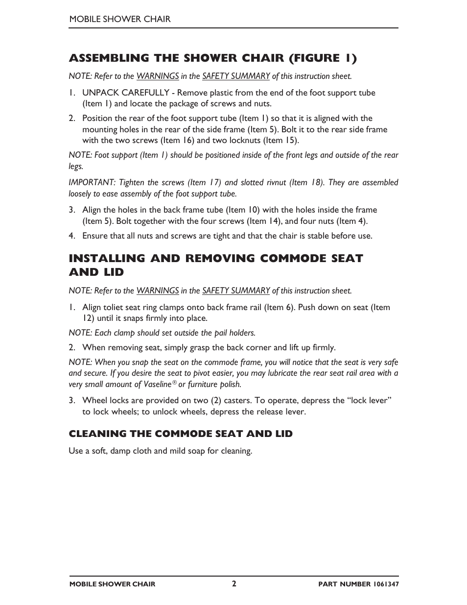 Assembling the shower chair (figure 1), Installing and removing commode seat and lid | Invacare 6358E User Manual | Page 2 / 12