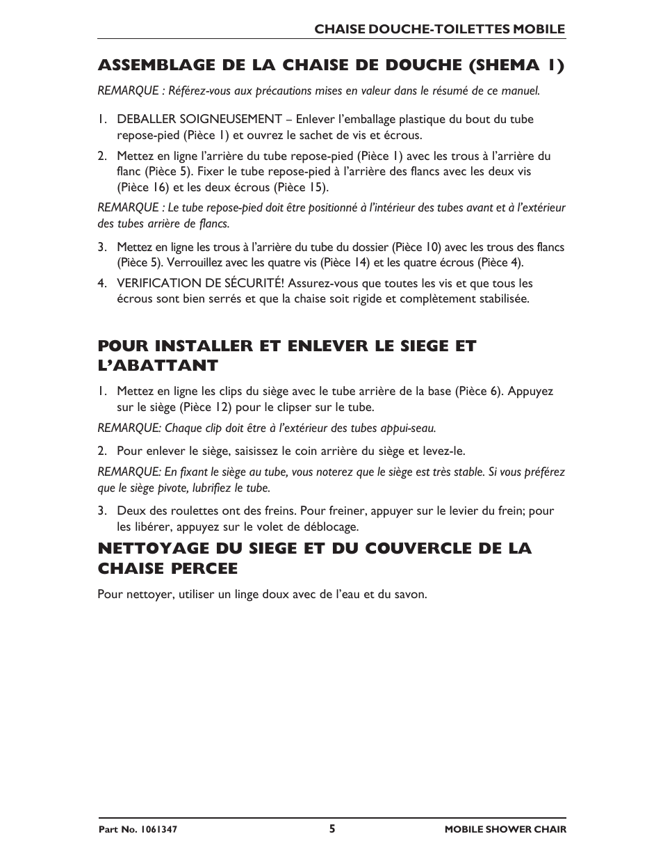 Assemblage de la chaise de douche (shema 1), Pour installer et enlever le siege et l’abattant | Invacare 6358E User Manual | Page 5 / 12