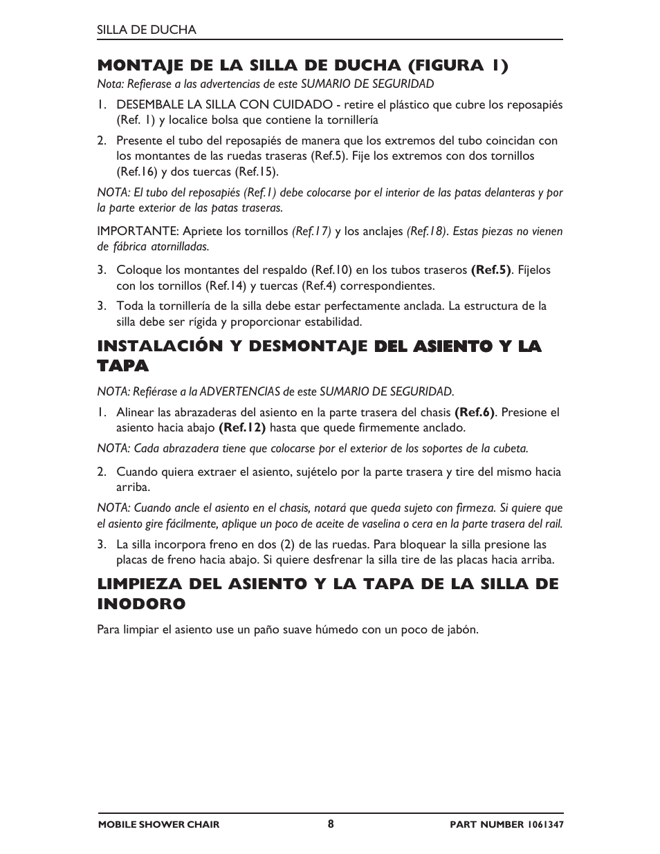 Montaje de la silla de ducha (figura 1) | Invacare 6358E User Manual | Page 8 / 12