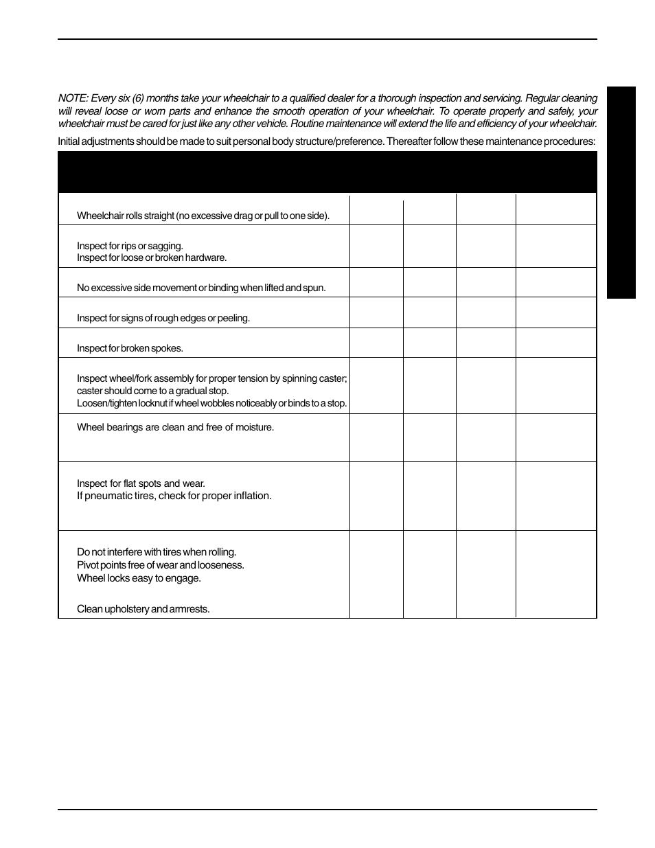 Safety inspection checklist | Invacare 9758 User Manual | Page 13 / 28