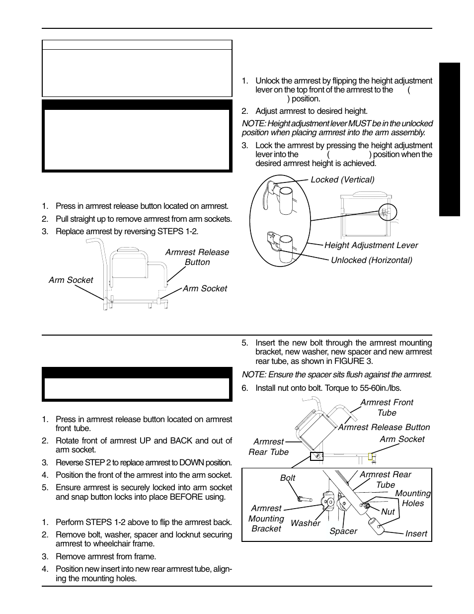 A r m s, Using or replacing flip-back armrest (figure 3), Removing or replacing standard armrest (figure 1) | Invacare 9758 User Manual | Page 17 / 28