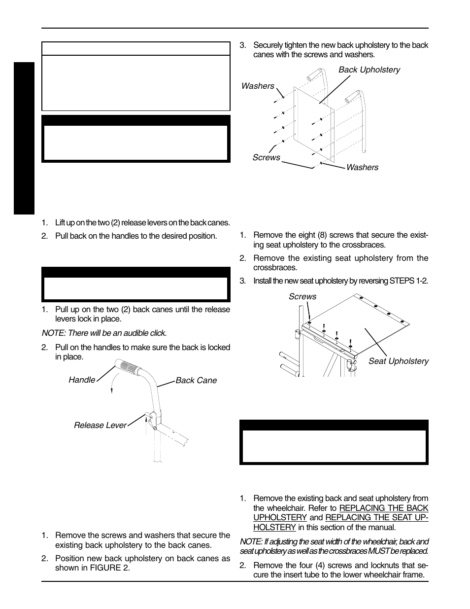 Replacing the back upholstery (figure 2), Replacing the seat upholstery (figure 3), Adjusting seat width | Fold down back - tracer transport only (figure 1) | Invacare 9758 User Manual | Page 18 / 28