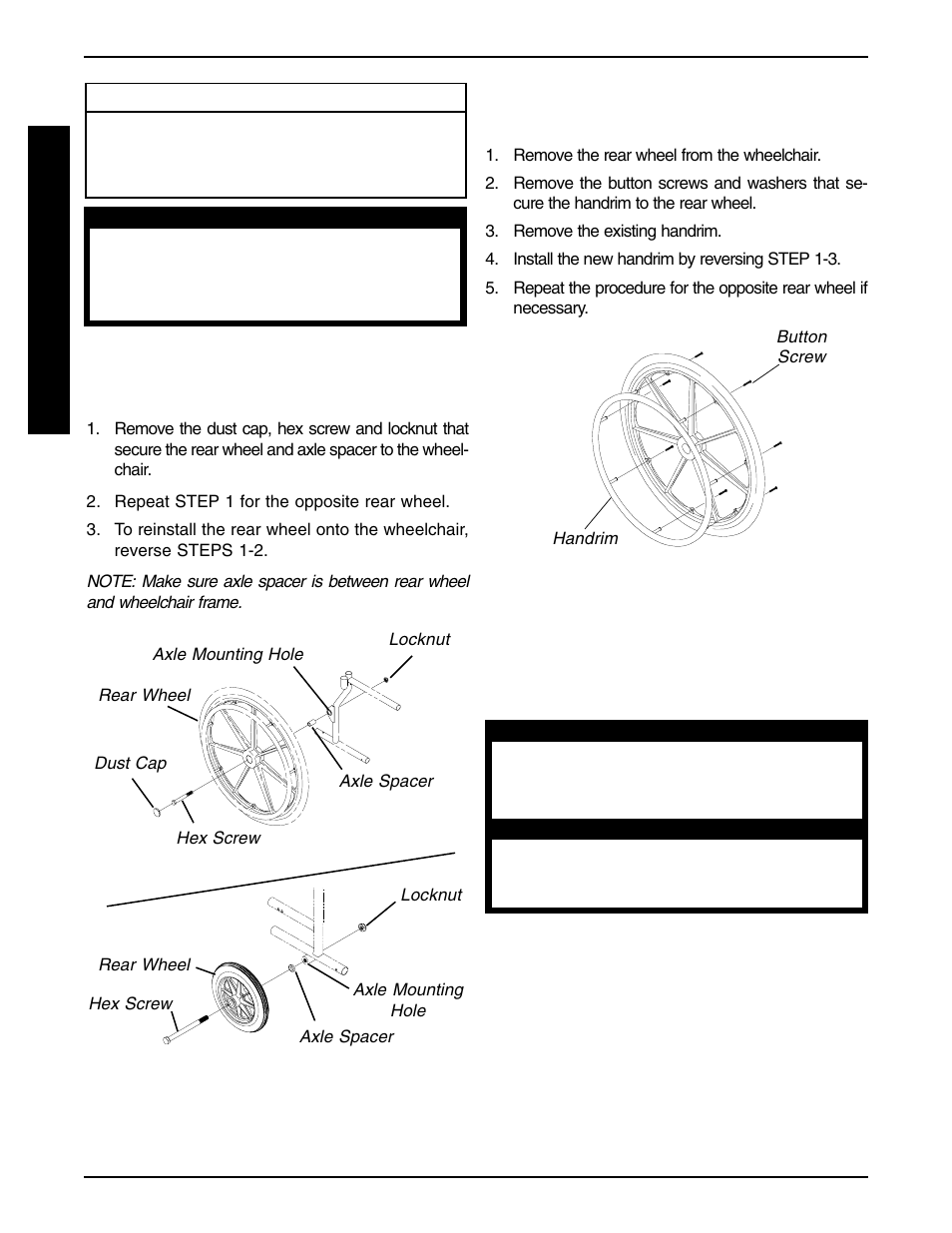 Removing/installing the rear wheels (figure 1), Replacing rear wheel handrim (figure 2), Replacing/repairing rear wheel tire/tube | Invacare 9758 User Manual | Page 20 / 28