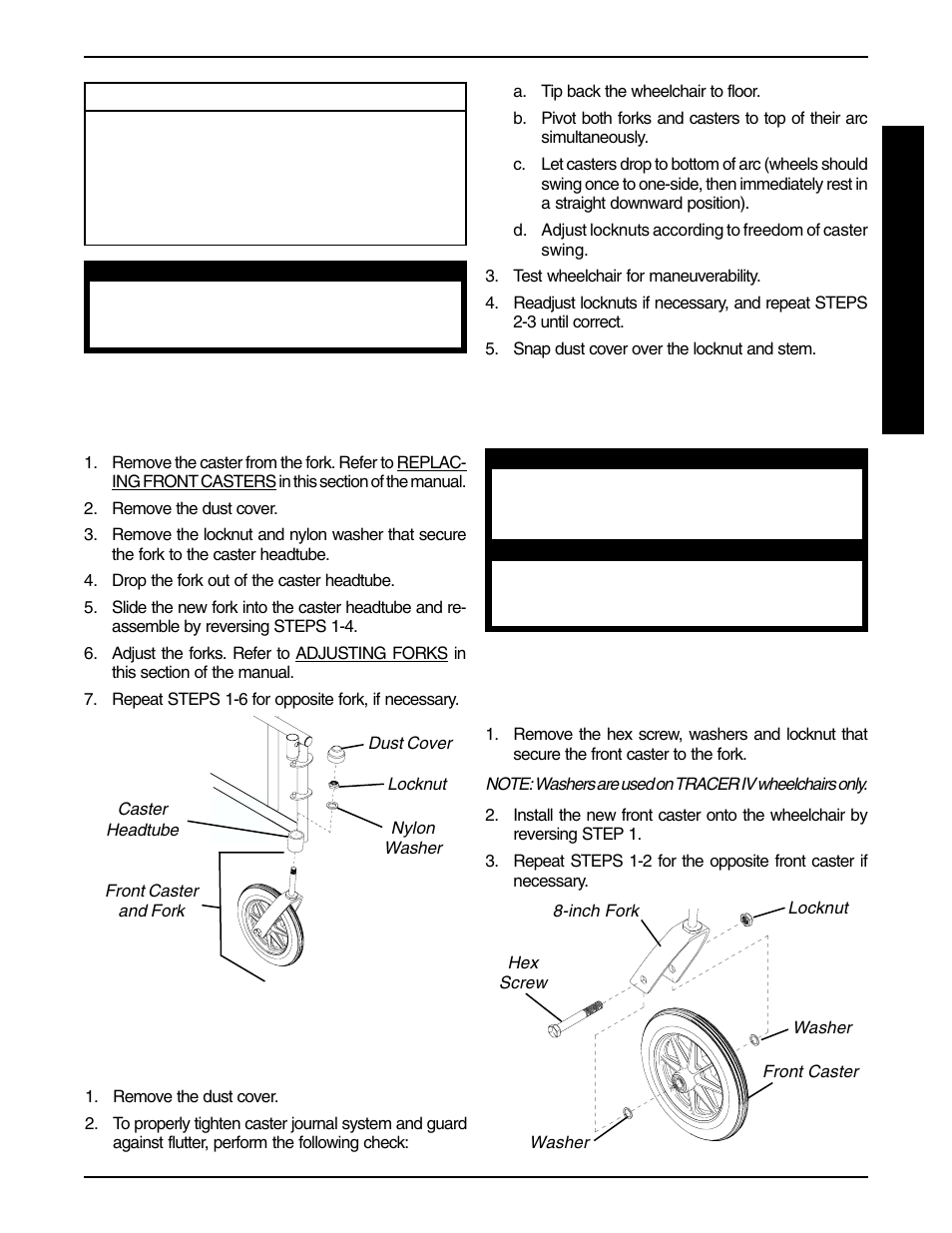 Adjusting forks (figure 1), Replacing/repairing front caster tire/tube, Replacing front casters (figure 2) | Invacare 9758 User Manual | Page 21 / 28