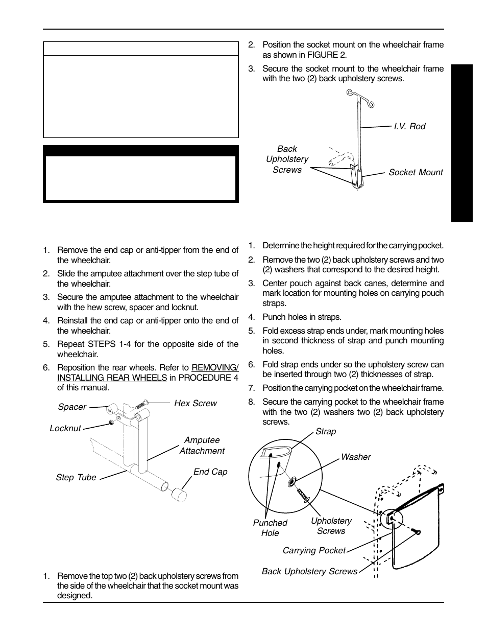 Installing the amputee attachment (figure 1), Installing the carrying pocket (figure 3), Installing fixed height i.v. rod (figure 2) | Invacare 9758 User Manual | Page 25 / 28