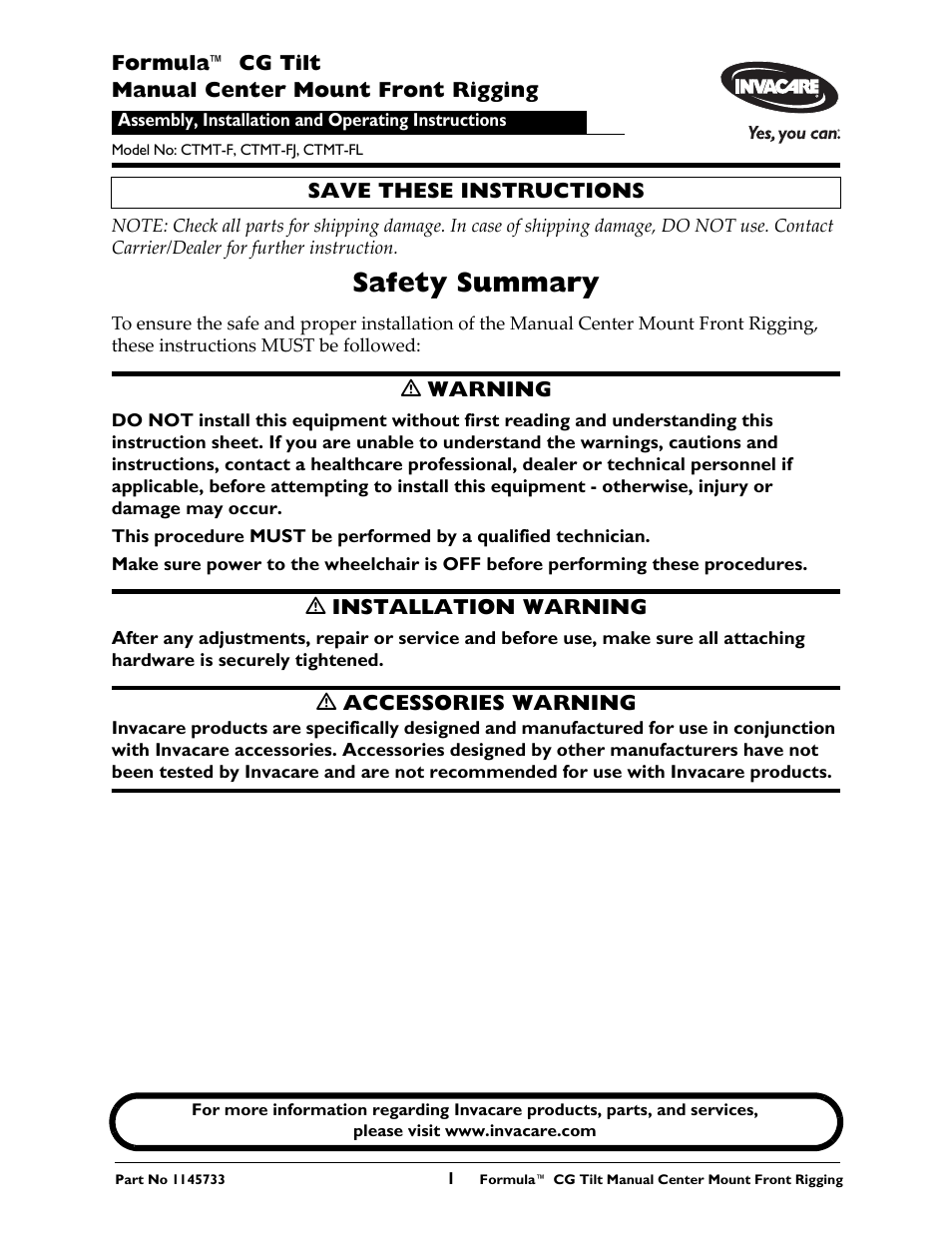 Invacare CTMT-F User Manual | 12 pages