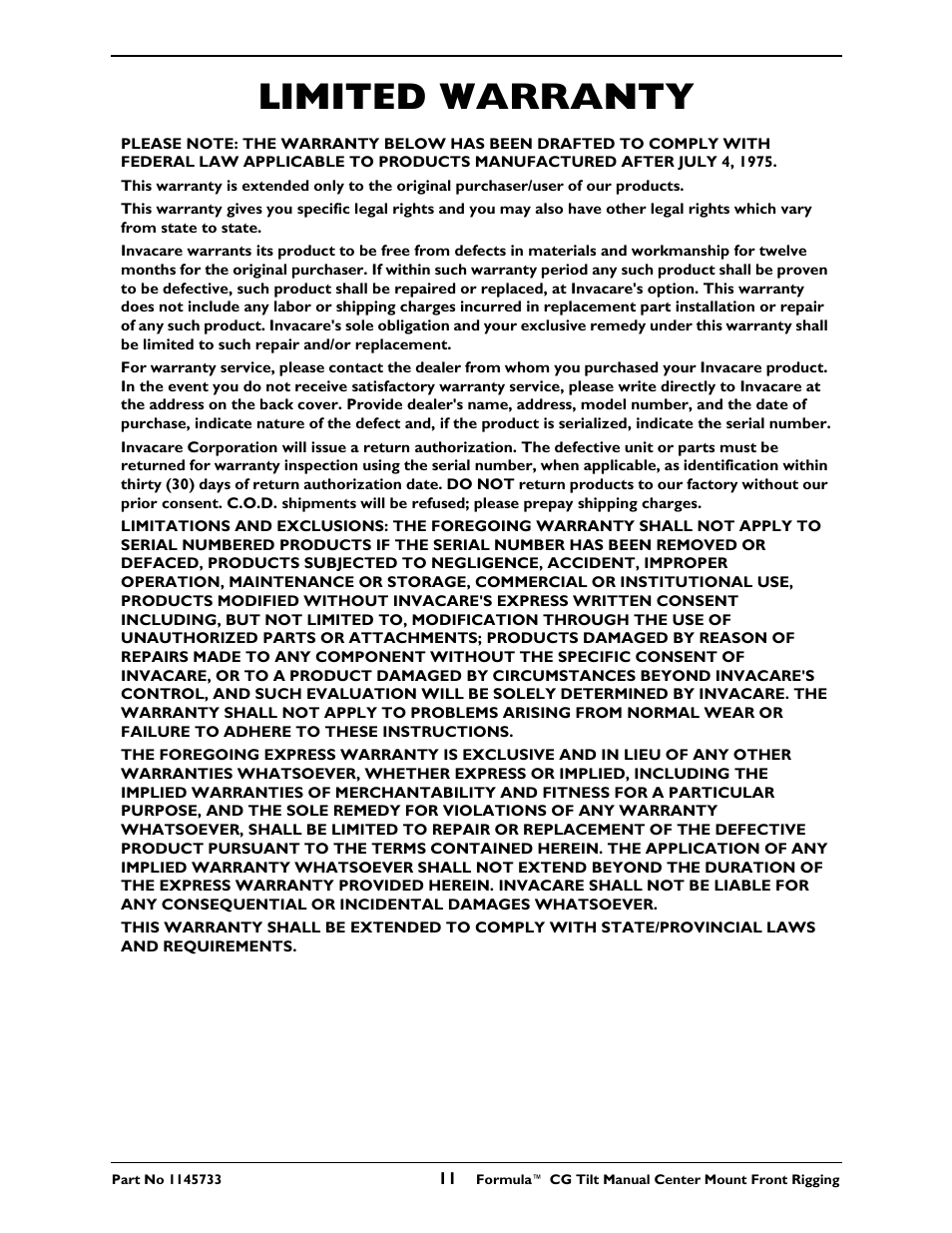 Limited warranty | Invacare CTMT-F User Manual | Page 11 / 12