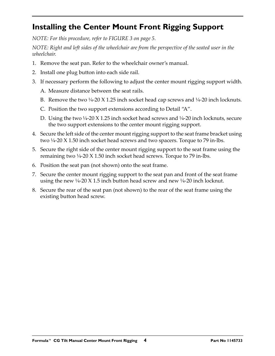 Installing the center mount front rigging support | Invacare CTMT-F User Manual | Page 4 / 12