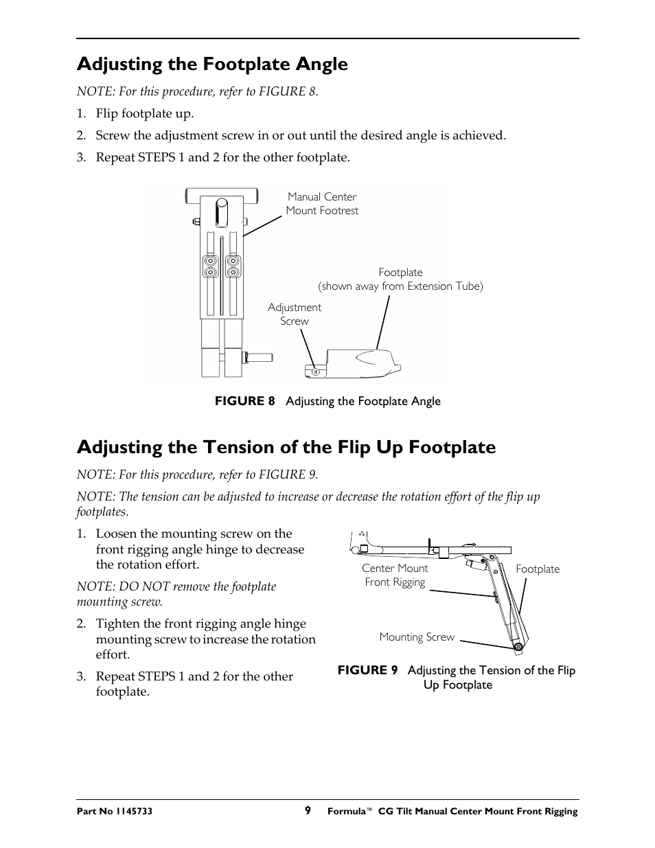 Adjusting the footplate angle, Adjusting the tension of the flip up footplate | Invacare CTMT-F User Manual | Page 9 / 12