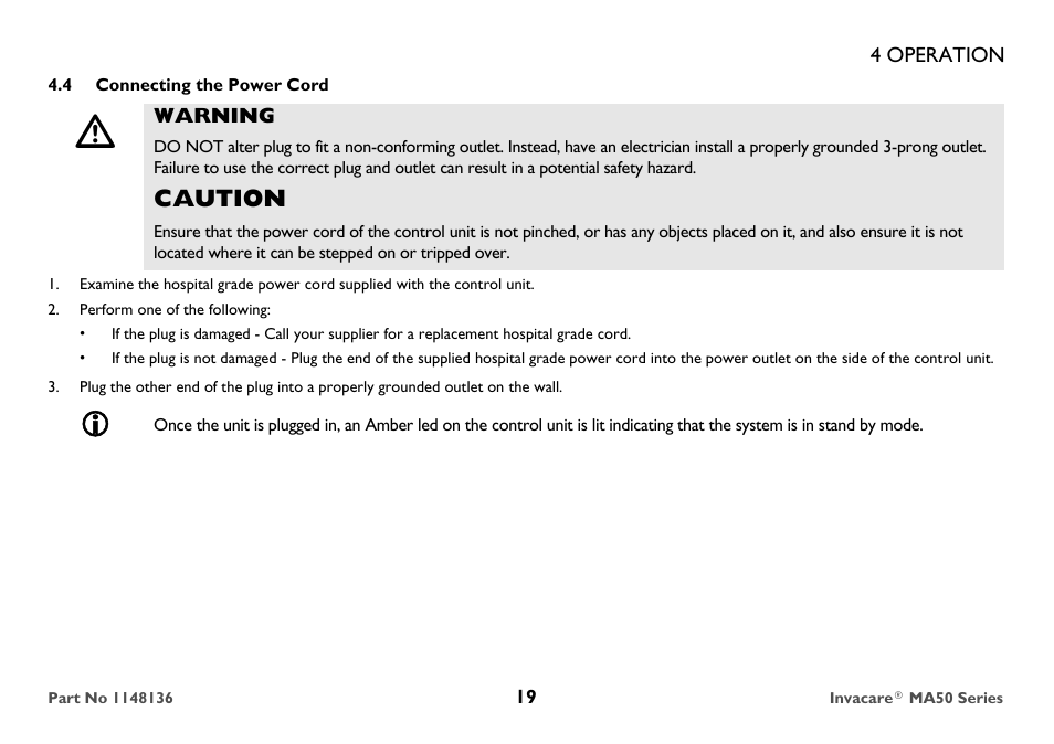 Connecting the power cord, Caution | Invacare MicroAIR MA50 User Manual | Page 19 / 36