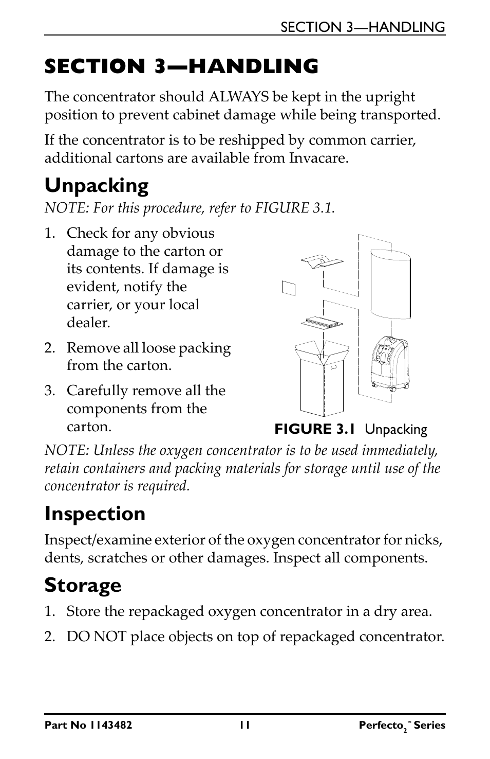 Section 3—handling, Unpacking inspection storage, Unpacking | Inspection, Storage | Invacare IRC5PO2V User Manual | Page 11 / 32