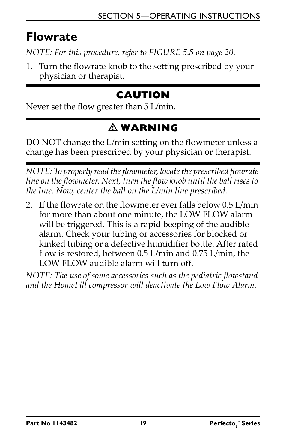 Flowrate, Caution, Ƽ warning | Invacare IRC5PO2V User Manual | Page 19 / 32