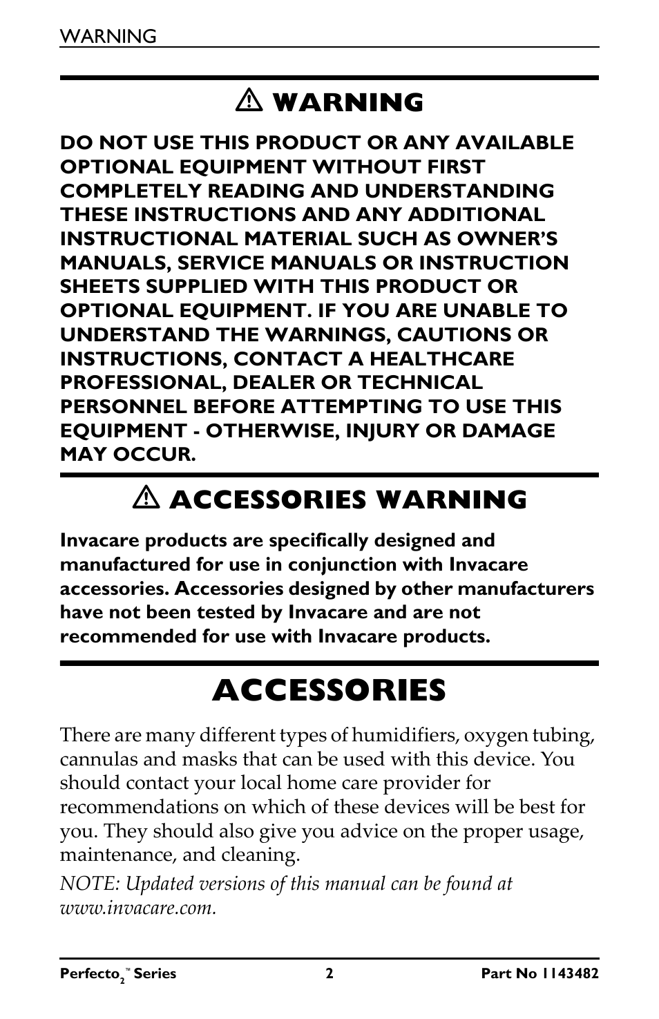 Accessories, Warning, Accessories warning | Invacare IRC5PO2V User Manual | Page 2 / 32