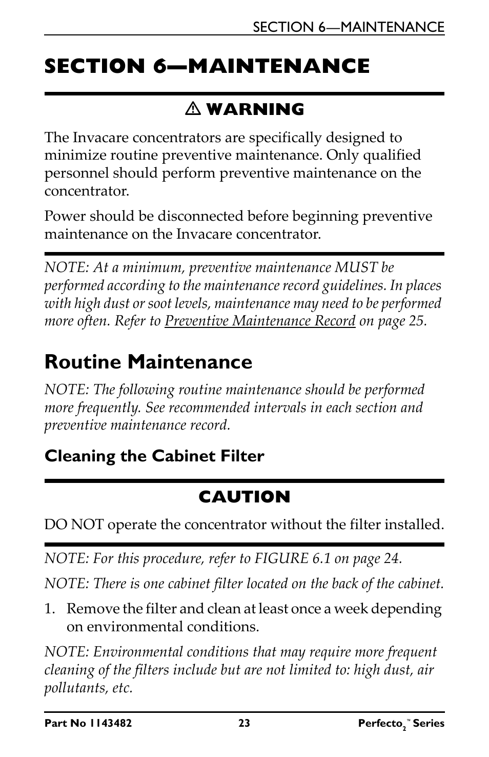 Section 6—maintenance, Routine maintenance, Ƽ warning | Cleaning the cabinet filter caution | Invacare IRC5PO2V User Manual | Page 23 / 32