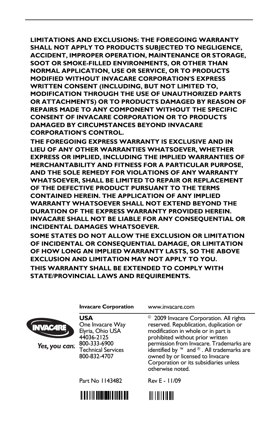 Part no 1143482 | Invacare IRC5PO2V User Manual | Page 32 / 32