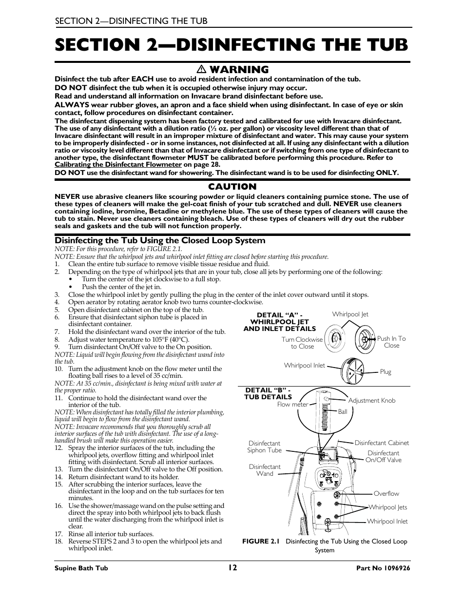 Section 2—disinfecting the tub, Disinfecting the tub using the closed loop system, Ƽ warning | Caution | Invacare IH6300ADH User Manual | Page 12 / 32