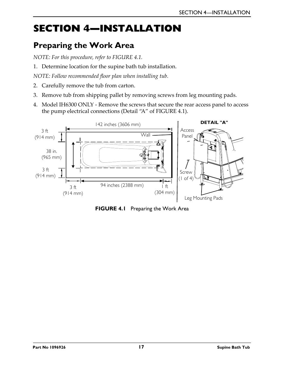 Section 4—installation, Preparing the work area | Invacare IH6300ADH User Manual | Page 17 / 32