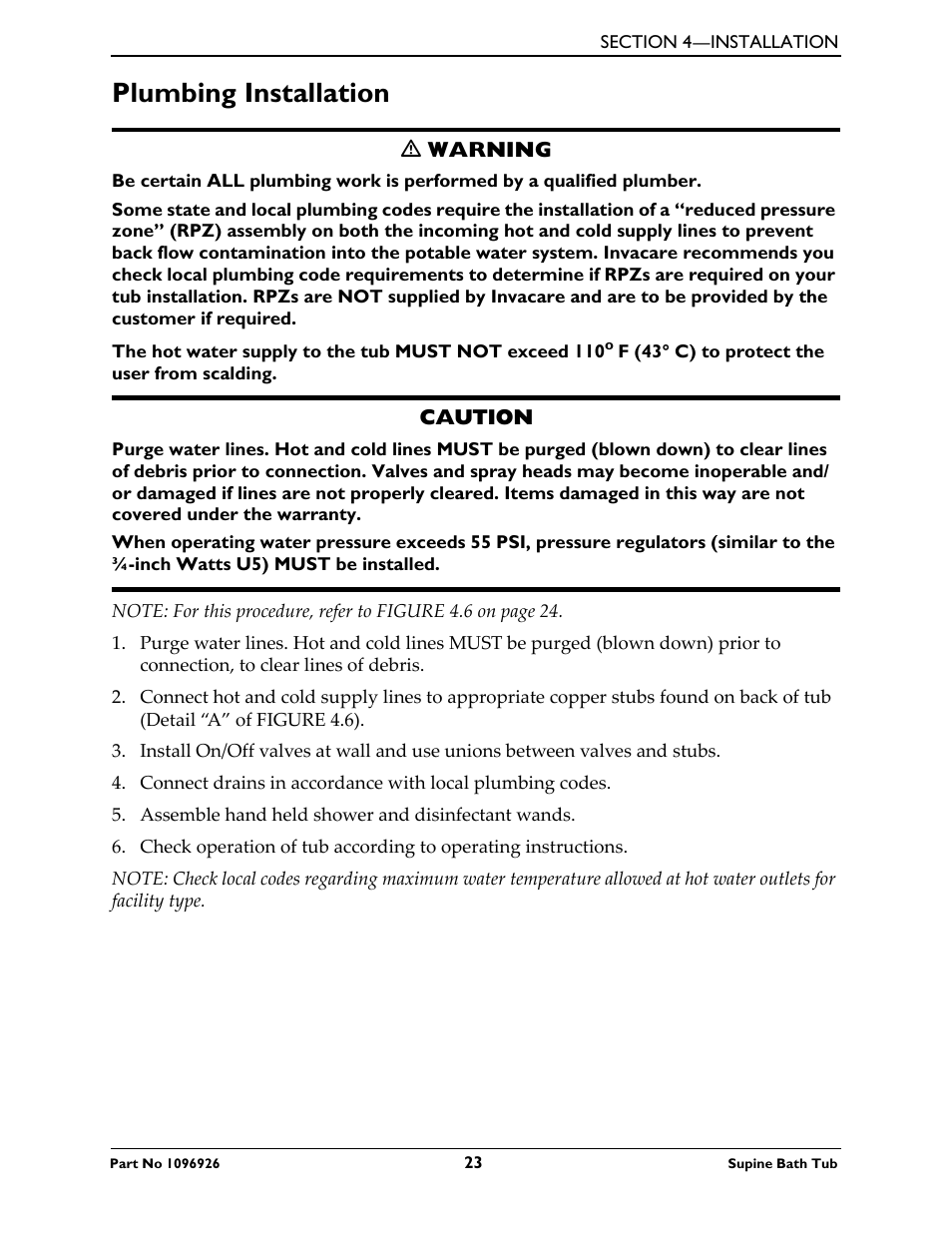 Plumbing installation | Invacare IH6300ADH User Manual | Page 23 / 32