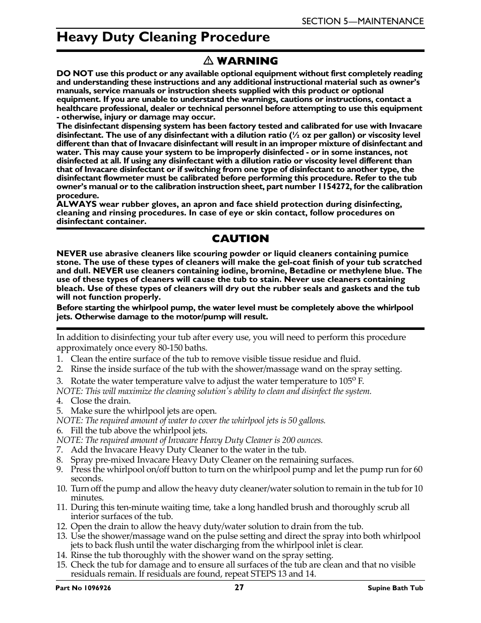 Heavy duty cleaning procedure, Ƽ warning, Caution | Invacare IH6300ADH User Manual | Page 27 / 32